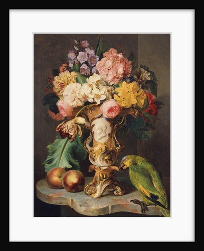 A Still-Life with a Vase of Assorted Flowers, Peaches and a Parrot on a Marble Ledge, 1843 by Ferdinand Kuss
