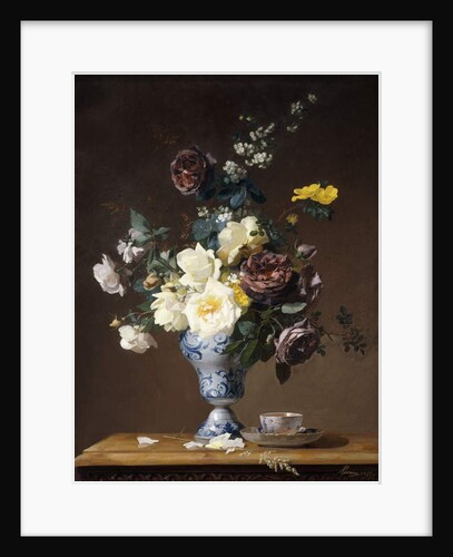 Roses and Other Flowers in a Blue and White Vase and a Teacup on a Ledge, 1876 by Francois Rivoire