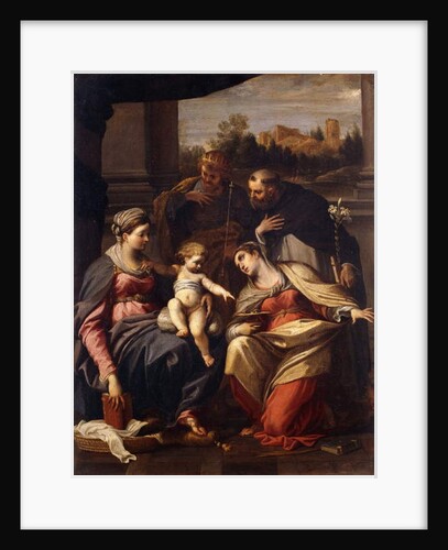 The Madonna and Child with Saints Lucy, Dominic and Louis of France, a landscape with a town through a casement beyond by Annibale Carracci
