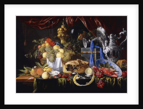 A Pie on a Pewter Plate, a Partly peeled Lemon, A Silver Spoon on a Pewter Plate, Crayfish and Shrimp in a Wanli Kraak Porselein Bowl, 1649 by Jan Davidsz. de Heem