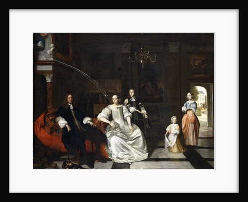 Group Portrait of the Jacott-Hoppesack Family with a Hound in a Sumptuous Classical Interior, a Lady and Gentleman Strolling in a Park Through a Doorway Beyond by Pieter de Hooch