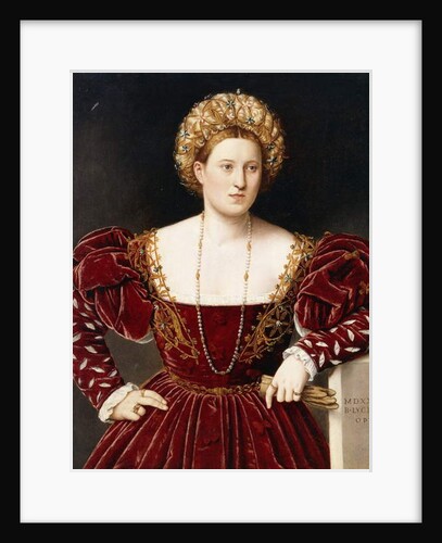 Portrait of a Lady, three-quarter-length, in a burgundy dress with slashed sleeves, holding gloves by Bernardino Licinio