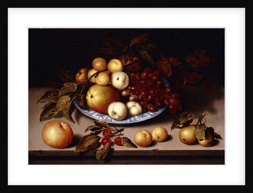 Peaches, Apples, Apricots and Grapes in a Wanli Kraak Porselein Bowl with Cherries, pears, Apricots and an Apple on a Ledge by Ambrosius the Elder Bosschaert
