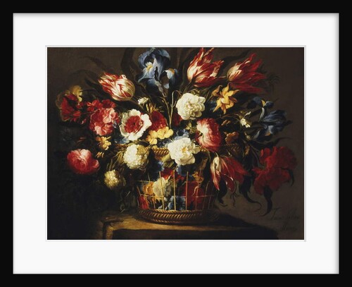 Flowers in a Basket on a stone Ledge by Juan de Arellano