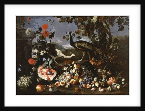 A Peacock and a Penhen with Fruit and Flowers in a Park by Franz Werner Tamm