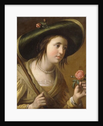 Portrait of Princess Elizabeth II van de Palts as a Shepherdess, bust length, holding a Rose by Gerrit van Honthorst