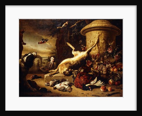 A dead Hare on a plinth by a sculpted Urn with a Basket of Fruit, a dead Pheasant, Mallard, Grouse, Jay and Chaffinch, a Dog watching a Goldfinch and a Boy bearing a Basket of Fruit in a Park, 1705 by Jan Weenix