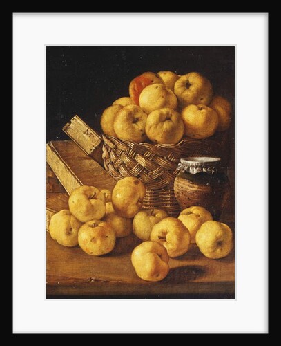 Apples in a Basket, a Jar and Condiment Boxes on a Table by Luis Egidio Menendez or Melendez
