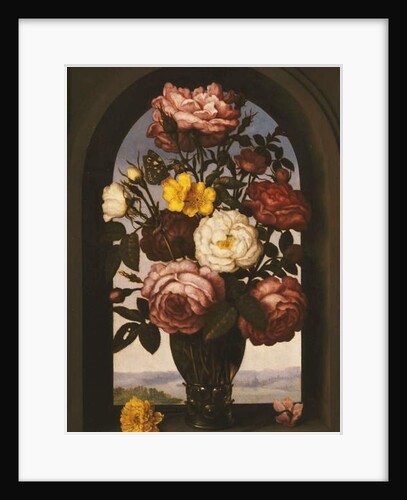 Roses in a Roemer with a Turban Buttercup and a Sowbread in a Casement, a River Landscape Beyond by Ambrosius the Elder Bosschaert