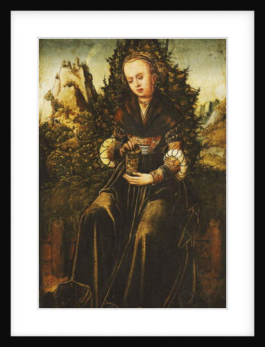 Saint Mary Magdalen seated on a Grassy Verge in a Mountainous Landscape by Lucas the Younger (attr. to) Cranach