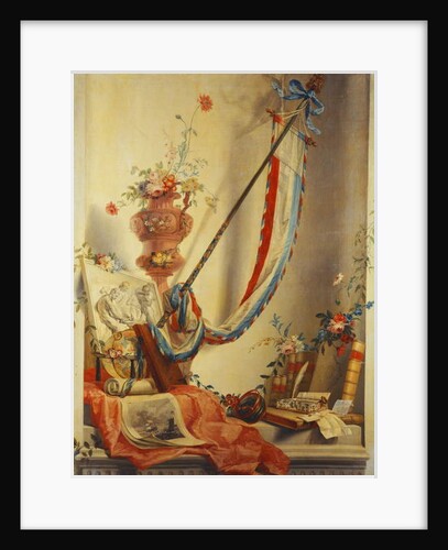 A Banner, Flowers in an Urn, a Relief, a Globe, a Print, a Compass, a Writing Set, Letters and Blaeu's Atlas in a Niche by Gerke Jans de Jager