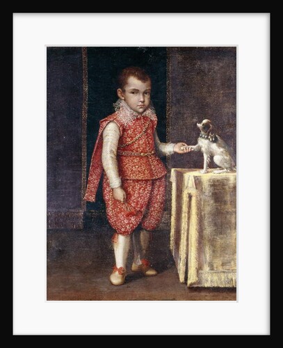 Portrait of a Boy, full-length, wearing a silver-embroidered red costume, holding the paw of a spaniel on a table by Lavinia Fontana