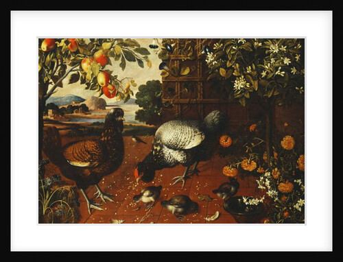 A Cock, a Hen and Chicks in a Yard, by Thomas Hiepes