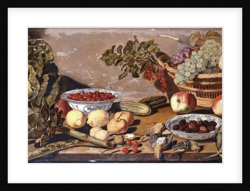 Bowls of Cherries and Blackberries, a Basket of Grapes, Apples and Red currants, a Cabbage, Artichoke, Lemons, Gerkins Nuts, Other Fruit, Dead Snipe and Thrushes on a Table by Robert Willemsz de Baudous