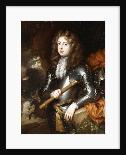 Portrait of a Commander, three-quarter length, in Armour, holding a Baton, his Plumed Helmet on a Rock nearby, a Cavalry Charge beyond, by Caspar Netscher