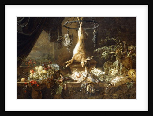 A Hare and Snipe Hanging from a Game-Ring, Fruit in a Wanli Kraak Porselein Bowl, Figs, Dead Partridges and Finches, Asparagus, Cabbage, Fennel and Artichokes in a Copper Pot on a Ledge by a Draped Casement by Adriaen van Utrecht
