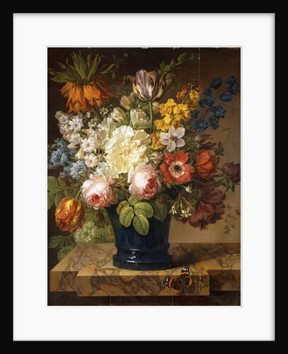 Flowers in a Vase on a Marble Ledge with a Red Admiral, a Bumble Bee, Two Beetles and a Dragonfly, 1807 by Joseph-Laurent Malaine