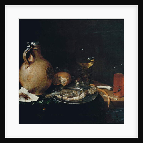 An earthenware tankard, tobacco in a piece of paper, a bun, a white clay pipe, a roemer, sliced herring on a pewter plate and a kometenglas on a partly-draped wooden table by Cornelis Stangerus