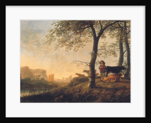 Evening river landscape with a cowherd and cows by the edge of a copse, a bridge and ruins beyond by Abraham van Calraet