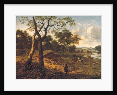 Wooded evening landscape with a hunter and dogs by Adriaen van de & Wynants Jan Velda