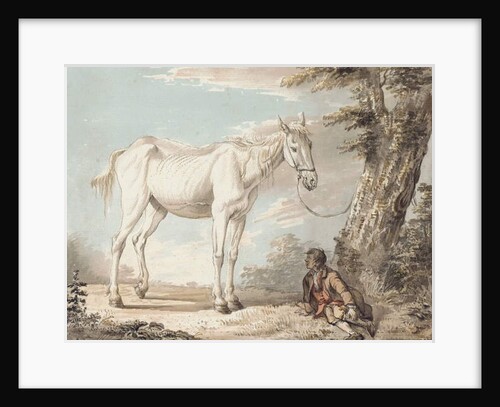 An Old Grey Horse Tethered to a Tree, a Boy resting nearby by Paul Sandby