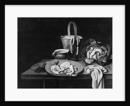 Fish on an earthenware plate, a pail with sausages, a glazed pottery bowl, a cabbage and a cloth on a wooden table by Reinier or Reynier Coveyn or Covyn