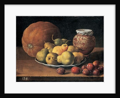 Pears on a plate, a melon, plums and a decorated mansies jar on a wooden ledge by Luis Egidio Menendez or Melendez