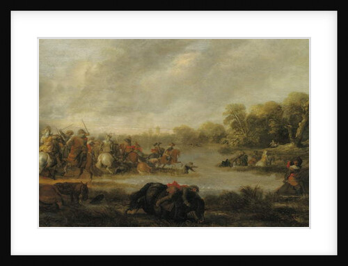 A cavalry skirmish by a river by Palamedes Palamedesz