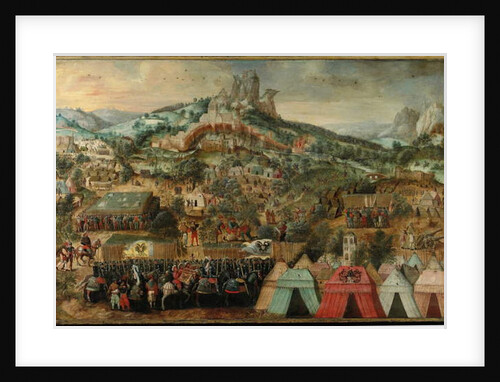 A siege at Therouanne, with an army led by Charles V encamped below the city by Herri met de Bles