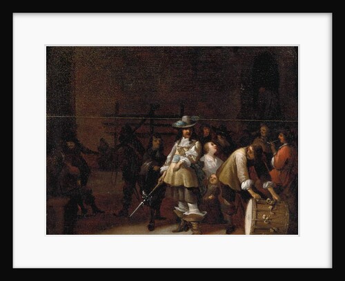A guardroom interior with a cavalier conversing with a drummer by Anthonie Palamedesz
