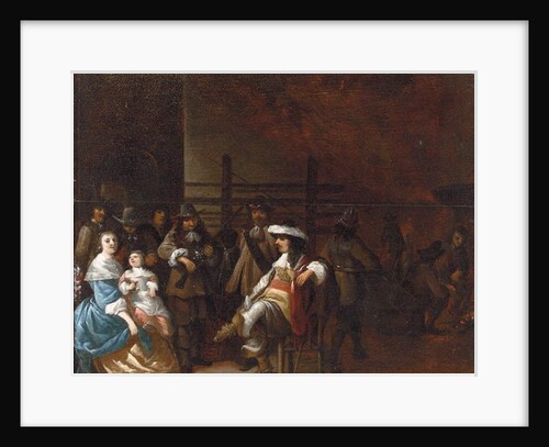 A guardroom interior with a cavalier conversing with a mother and child by Anthonie Palamedesz