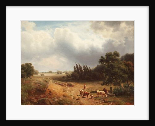 Wooded landscape with a shepherdess and her cattle, 1862 by Heinrich Hofer