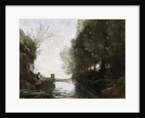 A River with a Square Tower and a Farmer in the foreground, c.1865-70 by Jean Baptiste Camille Corot