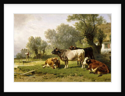 Cattle in a Farmyard along a River with a Fisherman beyond, 1881 by Friedrich Johann Voltz