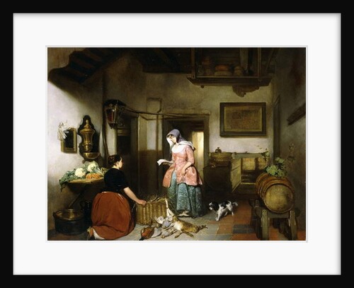 Interior of a Larder with Women cleaning Game, 1852 by Hubertus van Hove