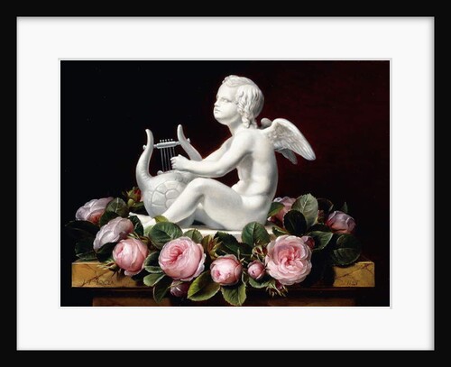 Garland of Pink Roses around Cupid playing a Lyre on a marble ledge, 1841 by Johan Laurents Jensen