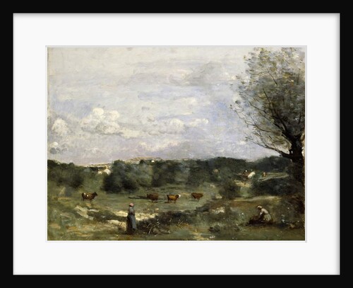 Meadow with Cows, a Willow on the right and a Distant Village by Jean Baptiste Camille Corot