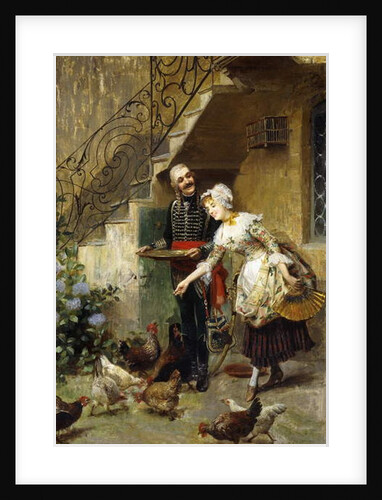 An Elegant Couple feeding Chickens in a Courtyard by Giacomo Mantegazza