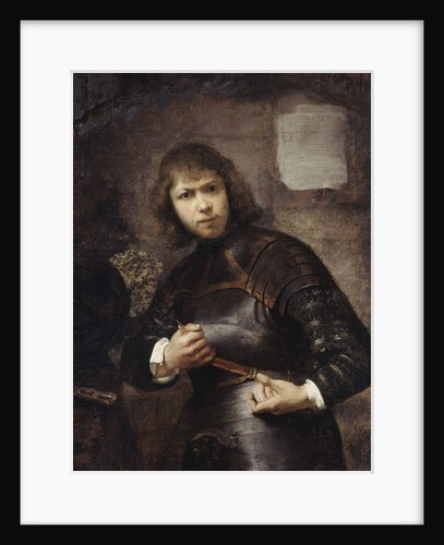 A Soldier, standing three-quarter length, buckling his belt by Willem Drost