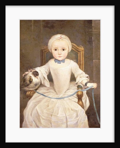 A Young Girl Seated, three-quarter length, wearing an Ivory Dress and Bonnet with a Pigeon by Christian Lindner