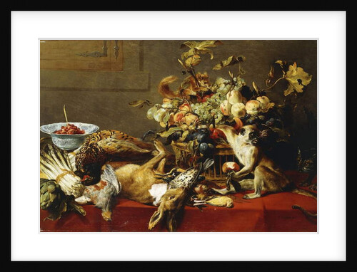 A Basket of Fruit on a Draped Table with Dead Game and a Monkey by Frans Snyders or Snijders