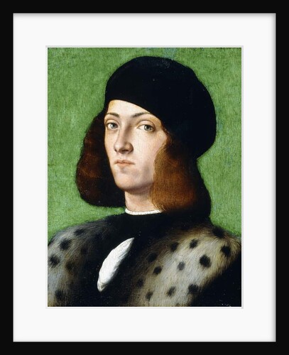 Portrait of a young Gentleman, bust-length, wearing a black cap and black coat, 1506 by Andrea Previtali