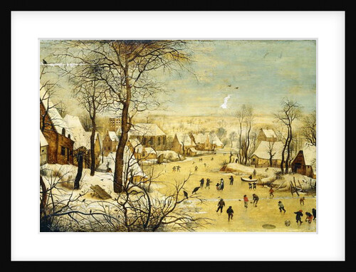 A Village in Winter with a Birdtrap and Skaters on a frozen waterway by P. the Younger Brueghel