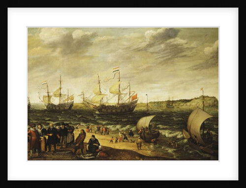 Men-of-War sailing out of an Estuary with figures in the forground by Adam Willaerts