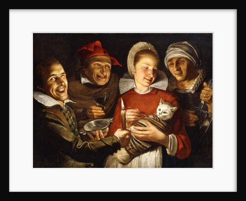 A Dutch Proverb - A women feeding a bound cat, surrounded by men by Haarlem School