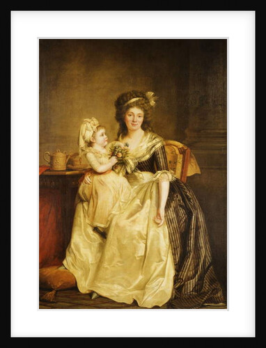Portrait of a Lady, seated full-length by a table, with her daughter, holding a posey of flowers by Rose Adelaide Ducreux