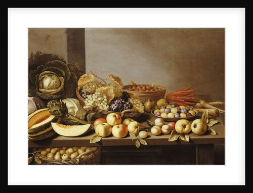 Bowls of Fruit and Nuts on a wooden table with a Basket of Pears beneath by Floris van Schooten