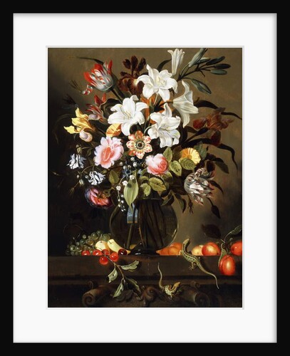 A Bouquet of Flowers with Fruit and two Sand Lizards on a Stone Ledge, 1647 by Jacob Marrel