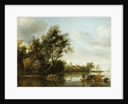 A River Landscape with a Hayloft among Trees and a Ferryboat with Passengers and Cattle by George Henry Clements