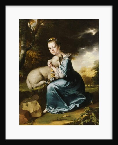 Portrait of Miss Frances Warren, kneeling full-length in a wooded park, wearing a blue dress and holding a lamb by Joseph Wright of Derby